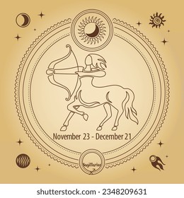 Signo zodiaco Sagittarius, signo de horoscopio astrológico. Dibujo de esquema en un círculo decorativo con símbolos astronómicos místicos. Vector	
