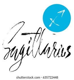 Zodiac sign of Sagittarius. Astrology vector illustration. Sketch isolated on white background. Handwritten lettering design