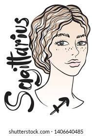 Zodiac sign Sagittarius, a beautiful and elegant young woman, with beautiful wavy hair