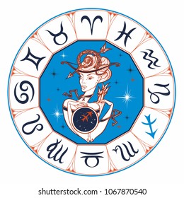 Zodiac sign Sagittarius a beautiful girl. Horoscope. Astrology.   Vector