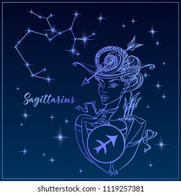 Zodiac sign Sagittarius a beautiful girl. The Constellation of Sagittarius. Night sky.  Horoscope. Astrology. Victor