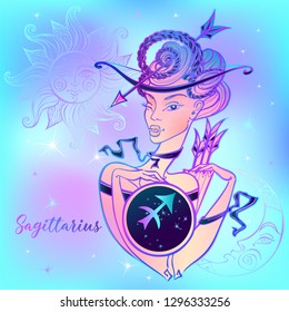 Zodiac sign Sagittarius a beautiful girl. Horoscope. Astrology. Vector