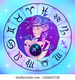 Zodiac sign Sagittarius a beautiful girl. Horoscope. Astrology. Vector.