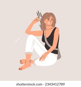 Zodiac sign Sagittarius with beautiful woman and arrows, horoscope astrology symbol. Vector of zodiac warrior with arrow and bow illustration