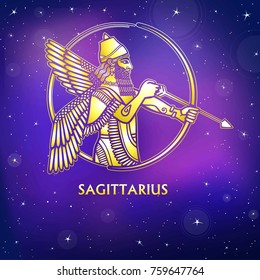 Zodiac sign  Sagittarius. Character of Sumerian mythology. Gold imitation. Vector illustration. Background - the night star sky.