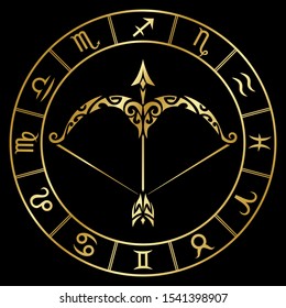 Zodiac sign sagittarius and circle constellations in maori tattoo style. Gold on black background vector illustration isolated.	