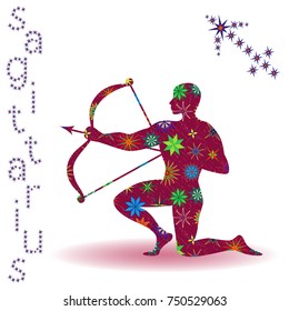 Zodiac sign Sagittarius, claret vector silhouette with stylized multicolor stars isolated on the white background