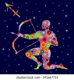 Zodiac sign Sagittarius with colorful flowers fill on a background of the dark blue starry sky, vector illustration