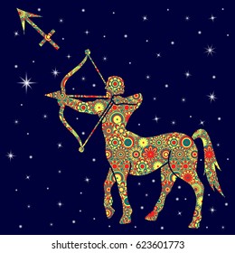 Zodiac sign Sagittarius with colorful flowers fill in warm hues on a background of the blue starry sky, vector illustration