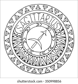 Zodiac sign of sagittarius and constellation in mandala with ethnic pattern. Black and white icon. Horoscope and zodiacal template. Can be used for  coloring book. Hand drawn doodle circle.