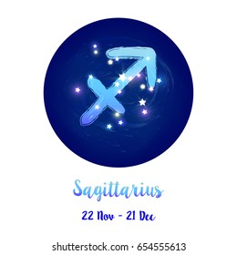 Zodiac sign Sagittarius in cosmic stars space with Sagittarius constellation icon. Starry night sky in circle background. Galaxy space vector design for horoscope icon, cards, posters, fortune telling