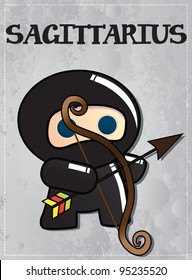 Zodiac sign Sagittarius with cute black ninja character, vector