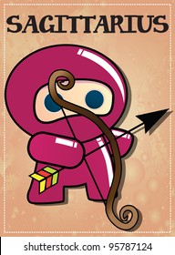 Zodiac sign Sagittarius with cute black ninja character, vector
