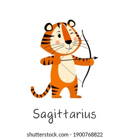 Zodiac sign is Sagittarius. Cute tiger with bow and arrow. Concept of horoscope for 2022, year of tiger according to Chinese calendar. Vector stock flat hand-drawn illustration isolated on white