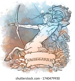 Zodiac sign of Sagittarius, element of Fire. Intricate linear drawing on watercolor textured background. Roses decorative garland. Square format. EPS10 vector illustration.