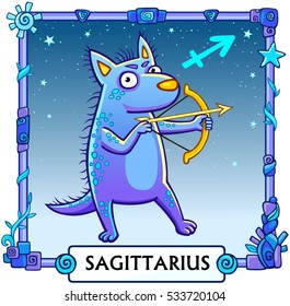 Zodiac sign Sagittarius. Fantastic animation animal. A background - the star sky, a decorative frame. Vector illustration.