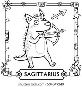 Zodiac sign Sagittarius. Fantastic animation animal, linear drawing. Vector illustration, be used for coloring book.