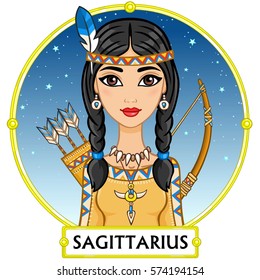 Zodiac sign Sagittarius. Fantastic princess, animation portrait. Background - a frame, the night star sky. Vector illustration isolated on white.