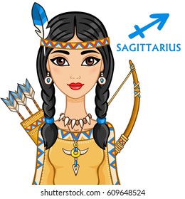 Zodiac sign Sagittarius. Fantastic princess, animation portrait. Vector illustration isolated on a white background.