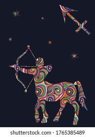 Zodiac sign Sagittarius fill with colorful muted wavy shapes on the dark gray background with stars and astrological symbols, vector illustration