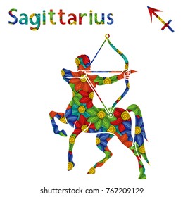 Zodiac sign Sagittarius with filling of colorful stylized flowers on a white background, vector illustration