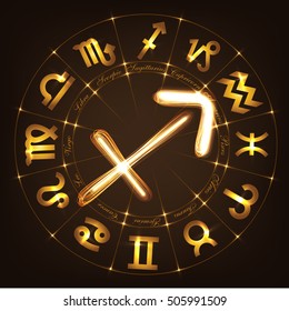 Zodiac sign Sagittarius in fire-show style on horoscope circle background. Circle with signs of zodiac and constellations.Vector illustration