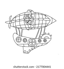 Zodiac sign sagittarius in the form of a steampunk-style airship. Illustration of an Astrological element in steampunk style, drawn in a linear doodle style. Drawing for a calendar or coloring book.