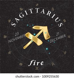 Zodiac Sign Sagittarius Golden Logo and Fire Lettering with Sagittarius Constellation Stars and Dates in Zodiac Circle - Gold and White Elements on Black Paper Background - Vector Mixed Graphic Design