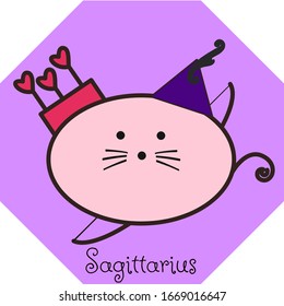 Zodiac sign Sagittarius, hand drawn cute cartoon vector with cream rat/ seal/ otter/ sea lion with pink arrow and purple hat isolated on the light violet background