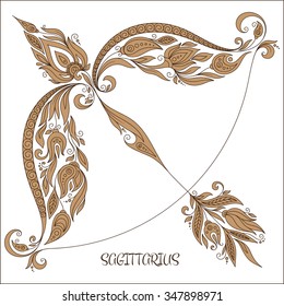 Zodiac sign - Sagittarius. Hand drawn doodle scorpion with elements of the ornament in ethnic style, of lace flowers, tendrils and leaves . Vector illustration, Isolated on white.