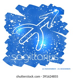 Zodiac sign: SAGITTARIUS. Hand drawn vector scribble. Icons on a water color star background.