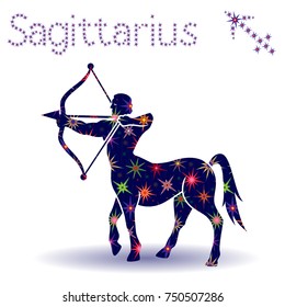 Zodiac sign Sagittarius, hand drawn vector stencil with stylized stars isolated on the white background 