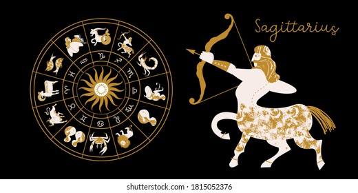 Zodiac sign Sagittarius. Horoscope and astrology. Full horoscope in the circle. Horoscope wheel zodiac with twelve signs vector. 