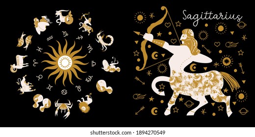 Zodiac sign Sagittarius. Horoscope and astrology. Full horoscope in the circle. Horoscope wheel zodiac with twelve signs vector. 