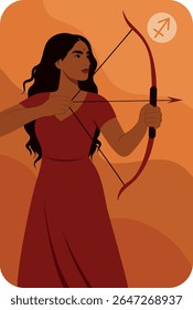 Símbolo zodíaco Sagitário. Horóscopos. Astrologia. Ilustração vetorial Mulher indiana na imagem de Sagitário em um vestido vermelho puxa um arco. Símbolo de força, lutar por um objetivo, energia, liberdade