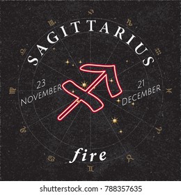 Zodiac Sign Sagittarius Inverted Logo and Fire Lettering with Sagittarius Constellation Stars and Dates in Zodiac Circle - Gold and White Elements on Black Background - Vector Mixed Graphic Design