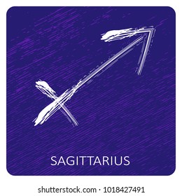 Zodiac sign Sagittarius isolated on grunge ultra violet background. Design element for posters, stickers or greeting cards.
