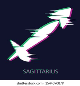 Zodiac sign Sagittarius isolated on dark background. Glitch stereo effect. Zodiac constellation. Vector illustration for horoscope and astrological forecast.