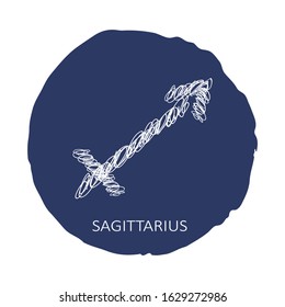 Zodiac sign Sagittarius isolated on blue background. Zodiac constellation. Design element for horoscope and astrological forecast. Hand drawn style. Vector illustration.