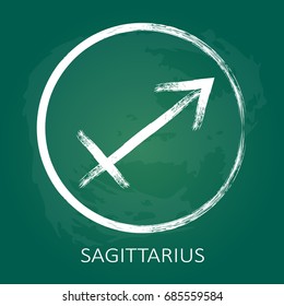 Zodiac sign Sagittarius isolated on green chalkboard background. Design element for flyers or banners.