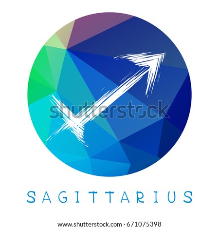 Zodiac sign Sagittarius isolated on bright polygonal background. Design element for badges and stickers.
