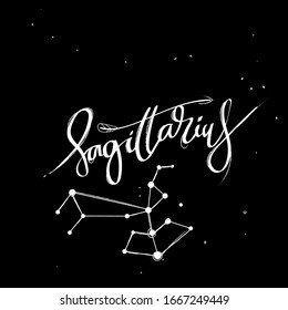 Zodiac Sign Sagittarius Lettering  with Sagittarius Constellation Stars  White  on  Black  Background - Vector Vintage Graphic Design. Zodiak theme for Indian Astrology – Moon Astrology, stars Sign 