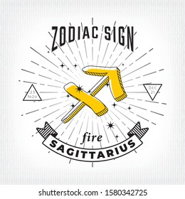 Zodiac Sign Sagittarius Logo and Fire Lettering with Sagittarius Constellation Stars and Dates over Rays Circle - Black on White Striped Background - Vector Vintage Graphic Design