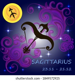 Zodiac sign Sagittarius with the moon and stars is located against the background of the night sky with decorative elements.