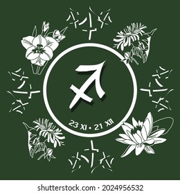 Zodiac sign Sagittarius November 23 to December 21. Horoscope logo on a dark green background. Druid flowers: gladiolus, dandelion, lotus.