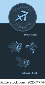 Zodiac sign Sagittarius from November 23 to December 21. Horoscope logo on dark blue background. Druid calendar: ash, hornbeam, fig.