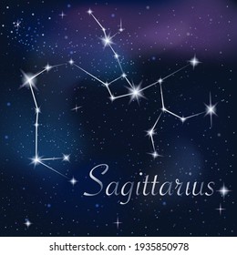 Zodiac sign Sagittarius on against the background of the starry sky. Constellation Sagittarius on starry night background. Astrological zodiac against the background of space.