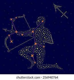 Zodiac sign Sagittarius on a background of the starry sky with the scheme of stars in the constellation, vector illustration