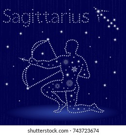 Zodiac sign Sagittarius on a blue starry sky, hand drawn vector illustration in winter motif with stylized stars and snowflakes over seamless background