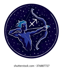 Zodiac sign Sagittarius on night starry sky background in circle frame. Vector illustration.